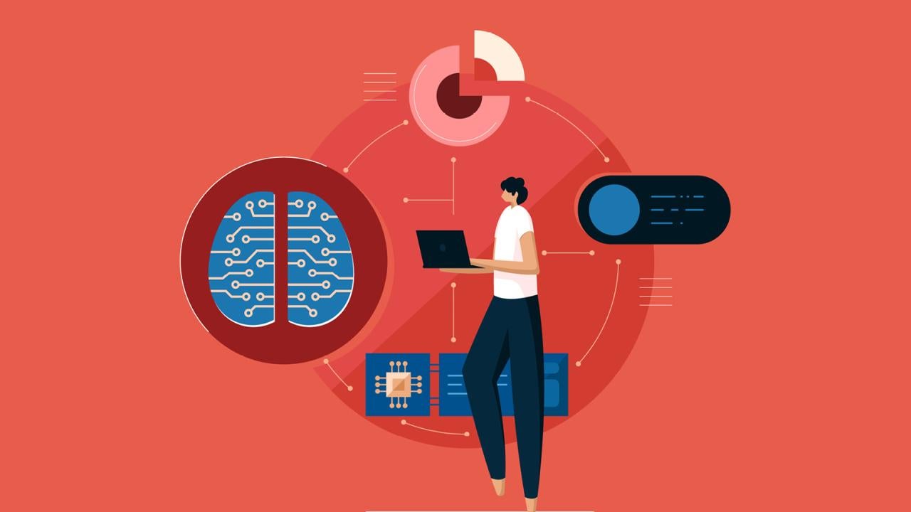 A graphic ilustration of a woman holding a laptop; behind her, digital psychology imagery: a wired brain, pie chart, and digital slider.