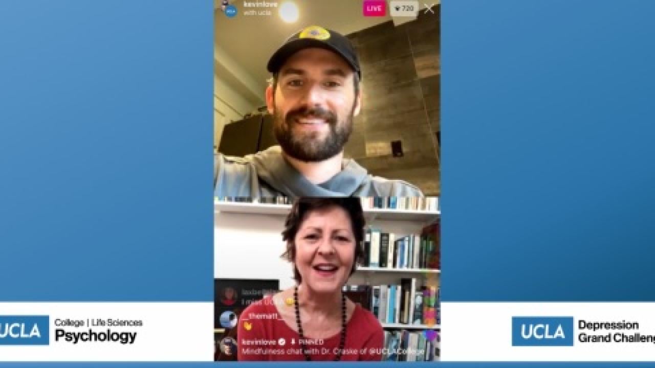 Screenshot of an Instagram Live video call: Above, Kevin Love; and Michelle Craske, below, smiling.