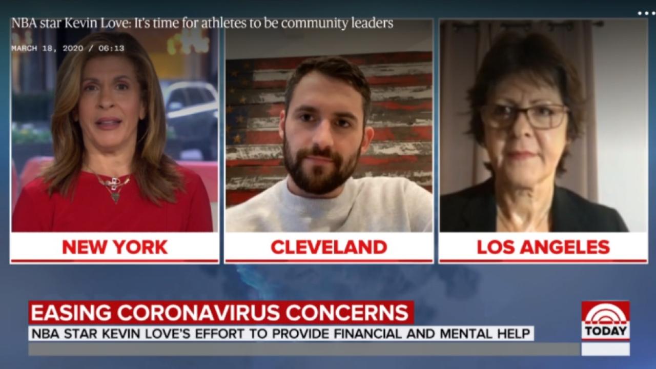 Three people virtually conversing on a news braodcast. Chryron below reads "Easing coronavirus concerns, NBA star Kevin Love to provide financial and mental help"