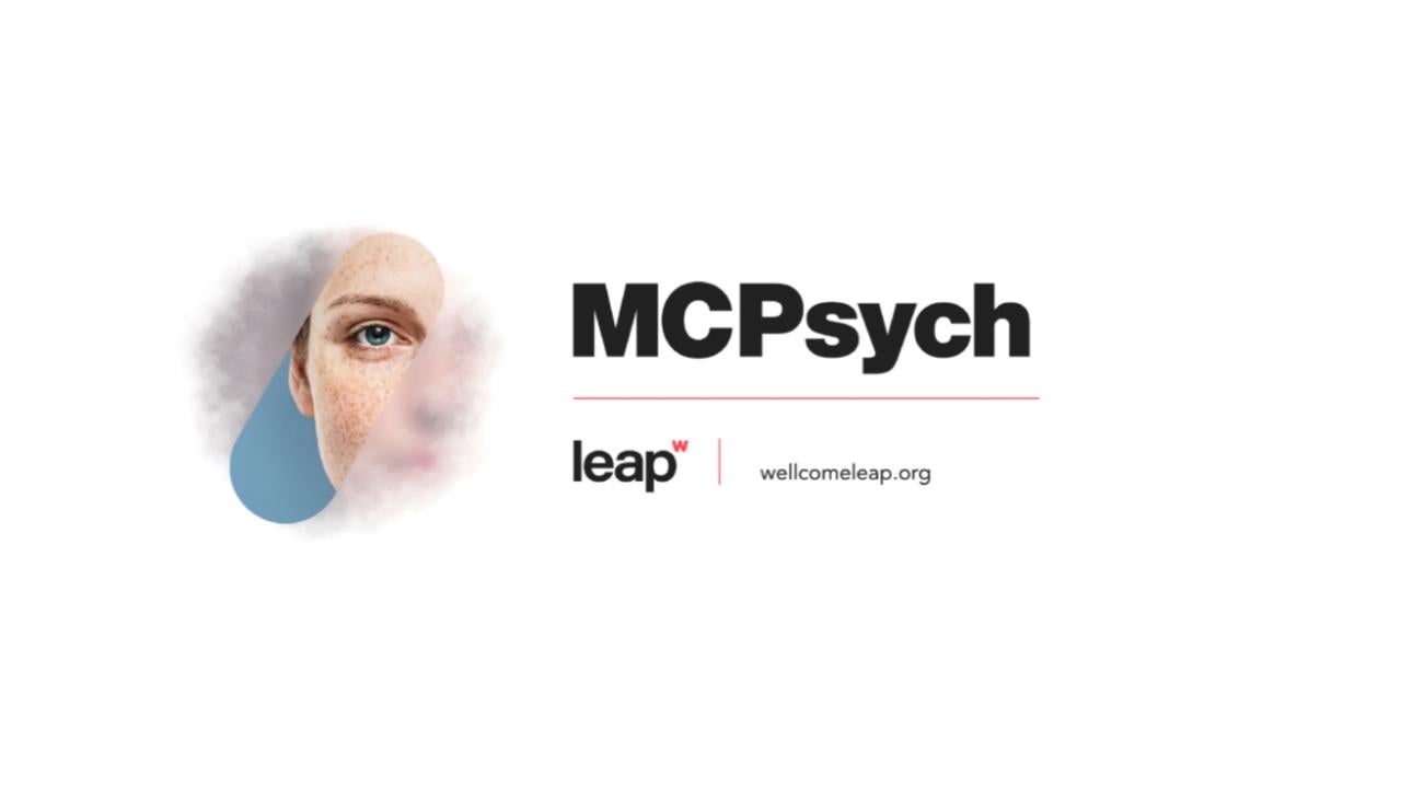 Graphic illustration of a blue eye to left of words: MPsych, Leap, wellcomeleap.org