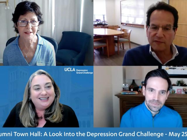 A Zoom screenshot of two women and two men smiling. A footer reads "UCLA Alumni Town Hall: A Look Into the Depression Grand Challenge