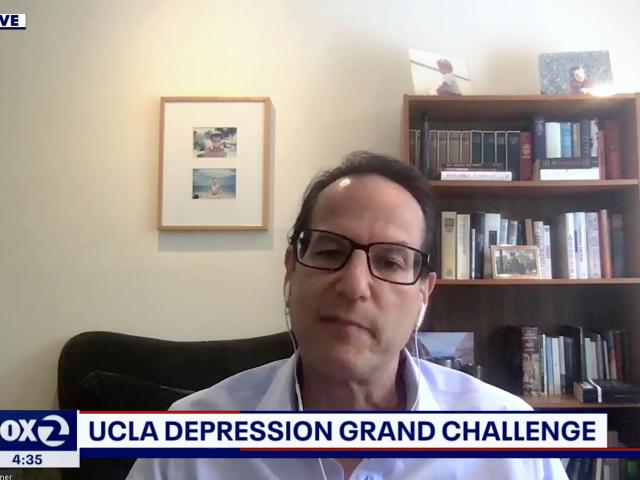 Nelson Freimer speaking via webcam. A chyron below him reads "UCLA Depression Grand Challenge"