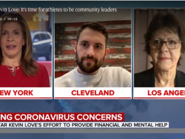 Three people virtually conversing on a news braodcast. Chryron below reads "Easing coronavirus concerns, NBA star Kevin Love to provide financial and mental help"
