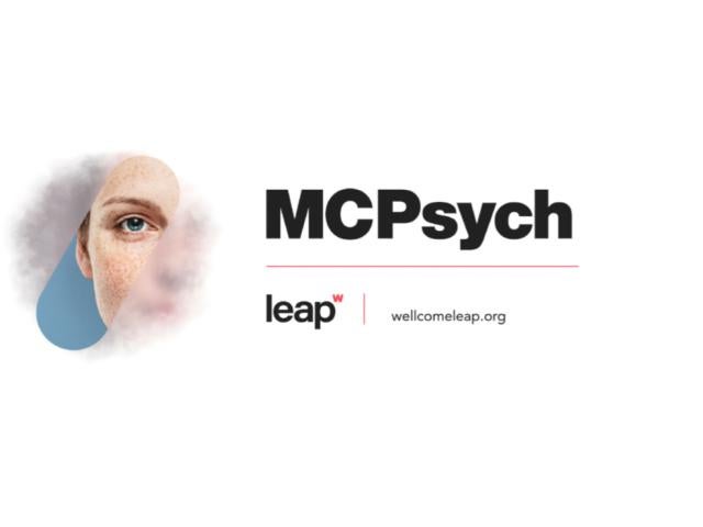 Graphic illustration of a blue eye to left of words: MPsych, Leap, wellcomeleap.org
