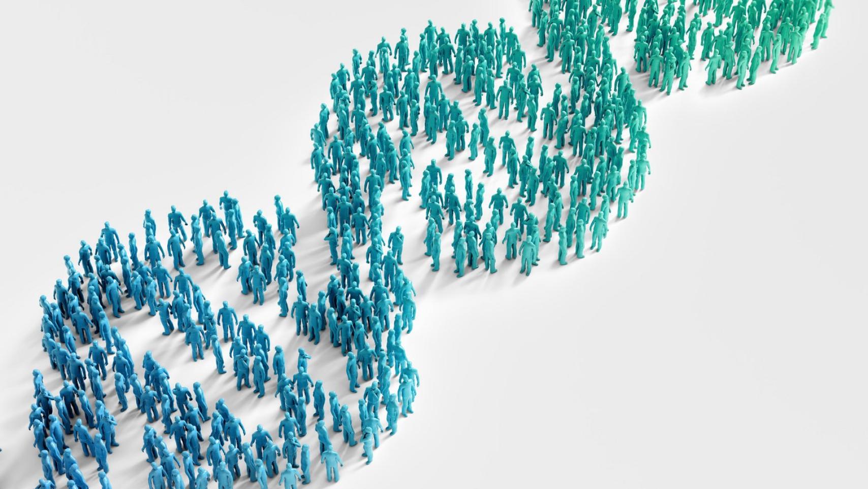 3D Graphic of crowd of people arranged in a double helix pattern
