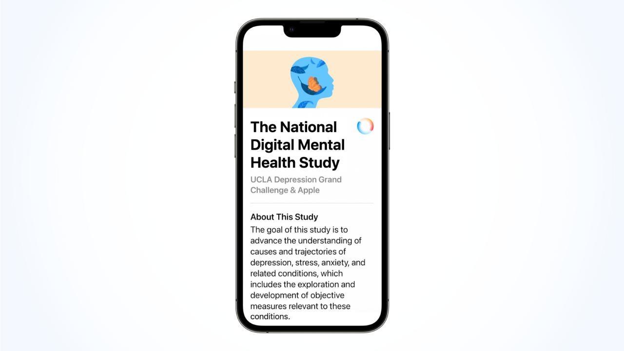 An iPhone displays the Nation Digital Mental Health Study page