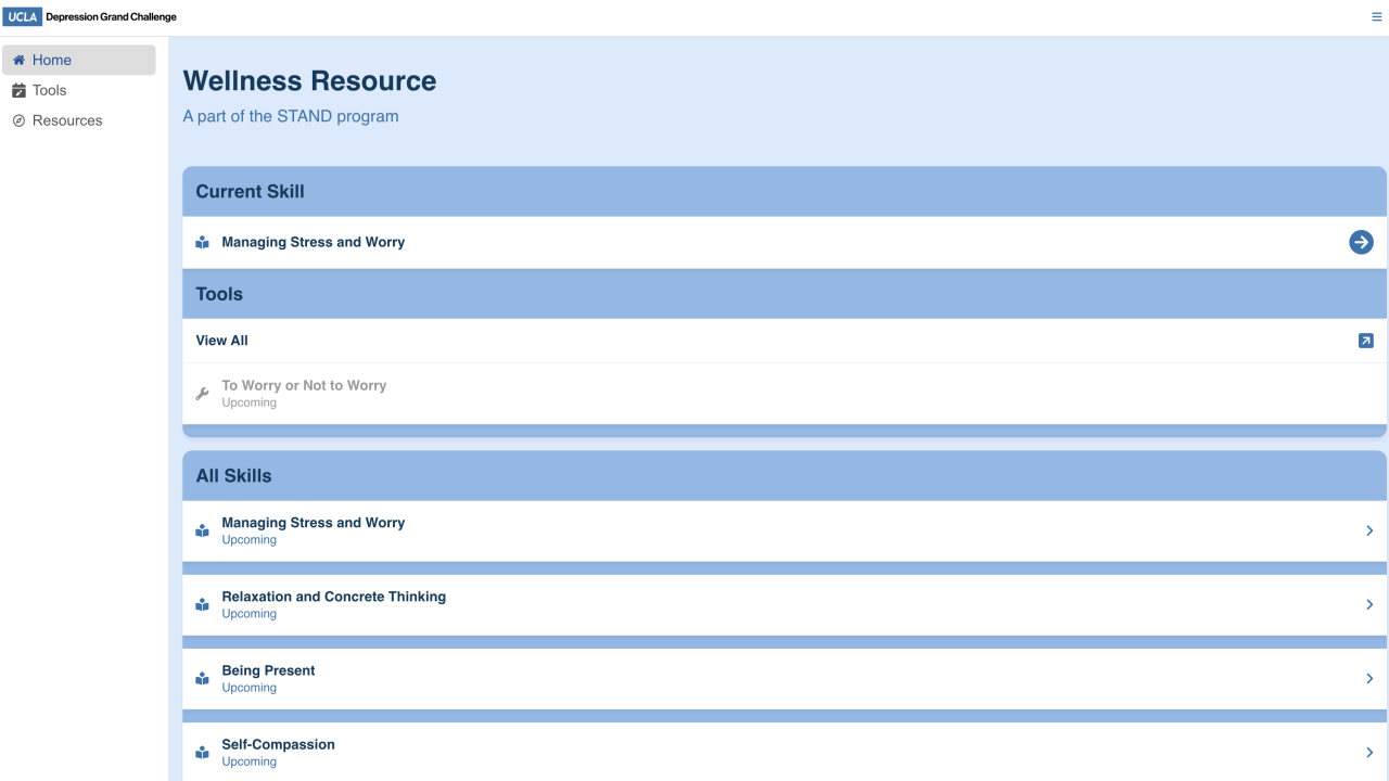 The STAND Wellness Resource dashboard lists in-progress lessons