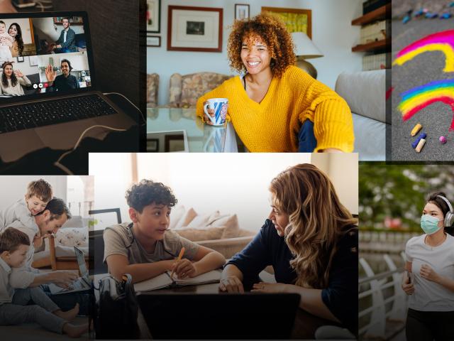 Collage of people happily doing everyday activities.