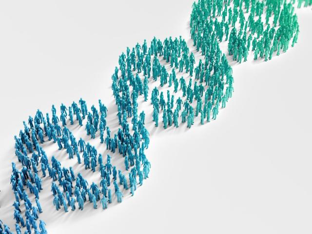 3D Graphic of crowd of people arranged in a double helix pattern