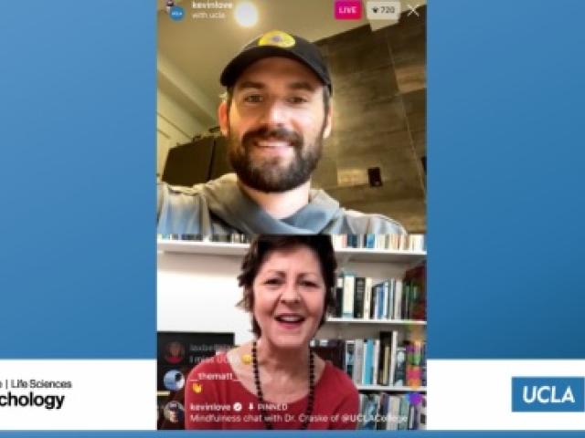 Screenshot of an Instagram Live video call: Above, Kevin Love; and Michelle Craske, below, smiling.
