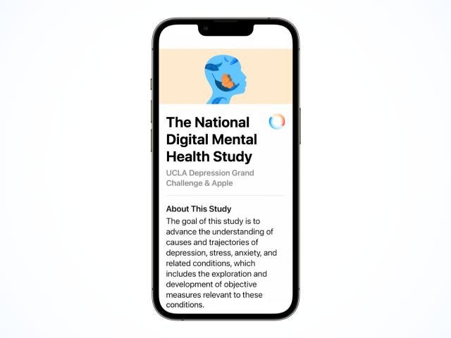 An iPhone displays the Nation Digital Mental Health Study page