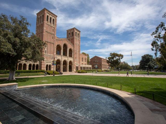 UCLA's Shapiro fountain with Royce Hall behind