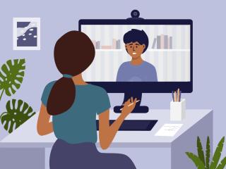 Illustration of a woman video calling with man at her desktop.