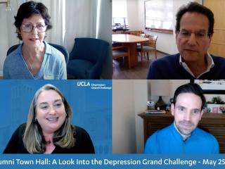 A Zoom screenshot of two women and two men smiling. A footer reads "UCLA Alumni Town Hall: A Look Into the Depression Grand Challenge