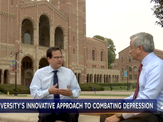 Nelson Freimer is interviewed in front of Royce Hall.