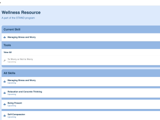 The STAND Wellness Resource dashboard lists in-progress lessons